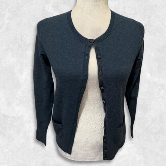 Banana Republic Merino Wool Blend Cardigan Crew Neck Front Pocket Peacock Blue - Picture 2 of 10